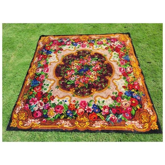 Antique 1930's Bright Floral Woven Carpet Rug Bedspread Couch Cover - Picture 1 of 7